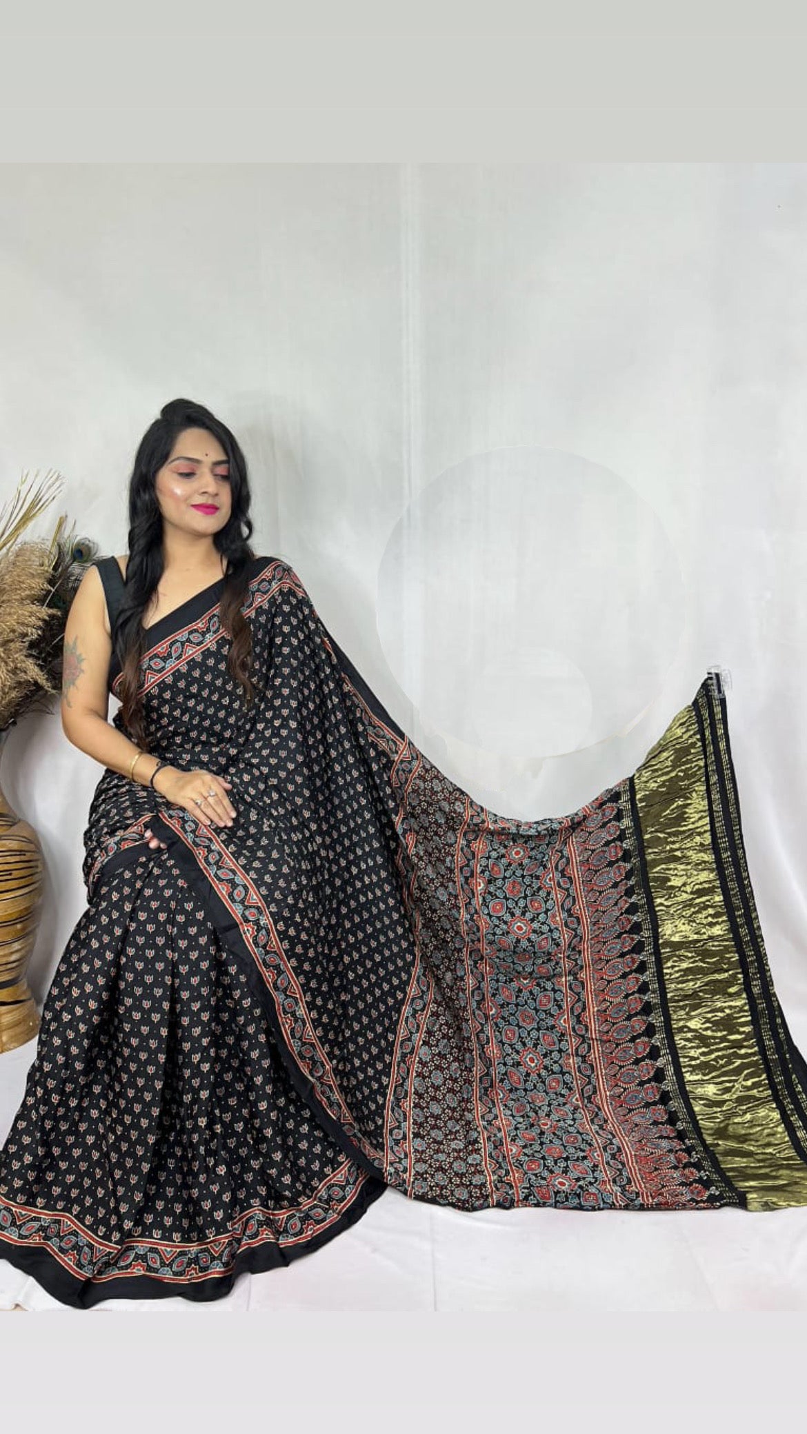 Ajrakh modal silk tissue pallu saree : Make to order