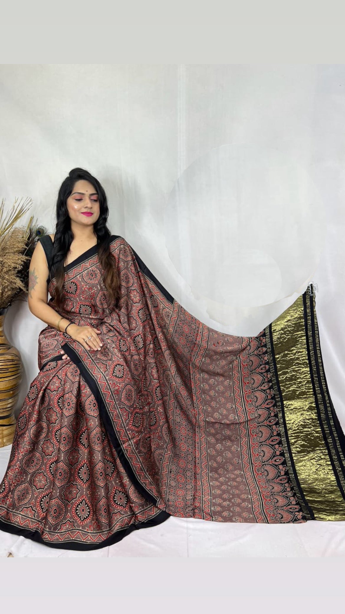 Ajrakh Modal Tissue Pallu Saree : Make to order