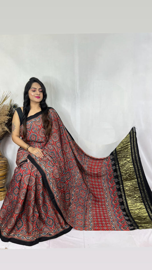 Ajrakh Modal Tissue Pallu Saree : Make to order