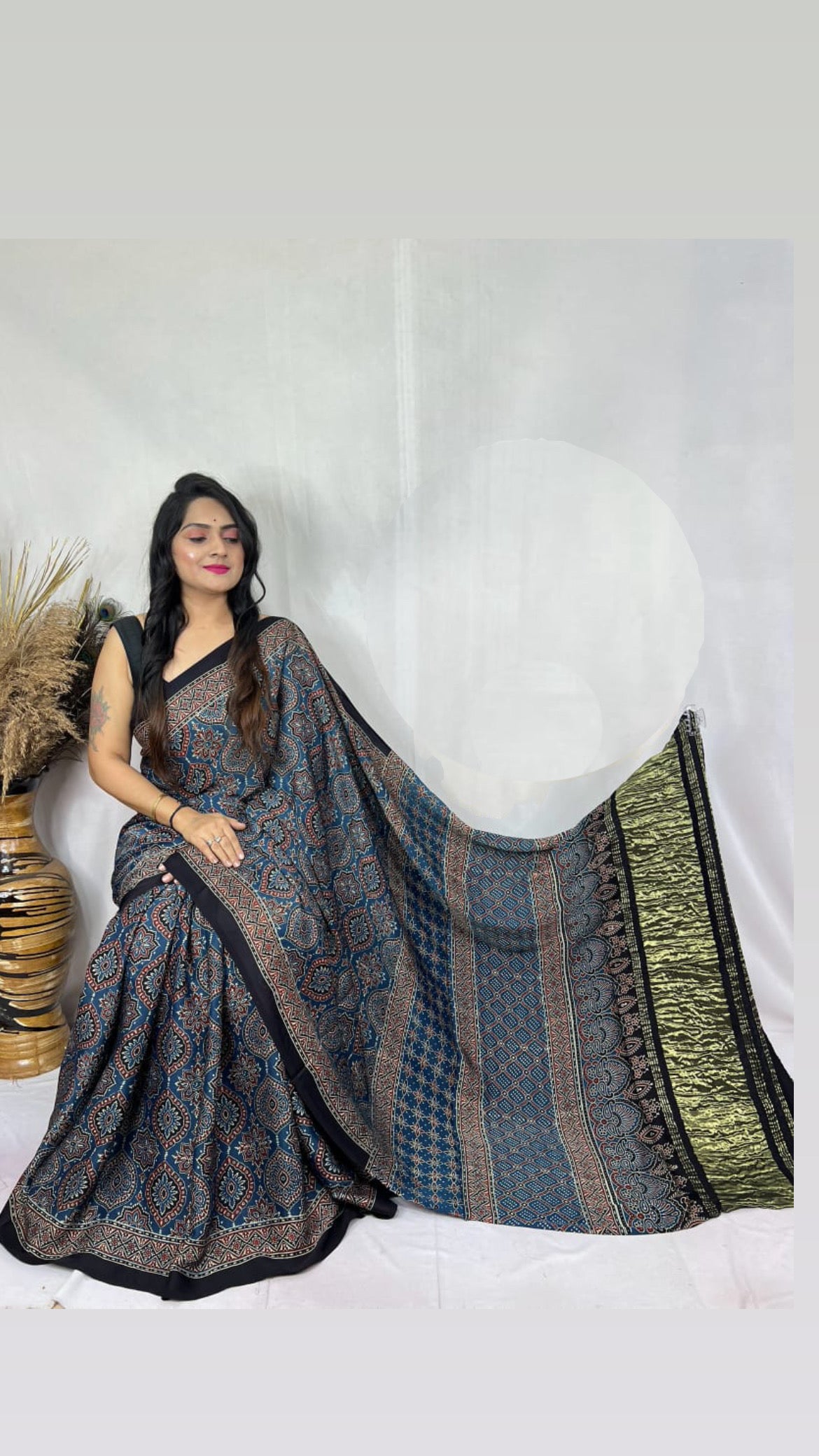 Ajrakh Modal Tissue Pallu Saree : Make to order