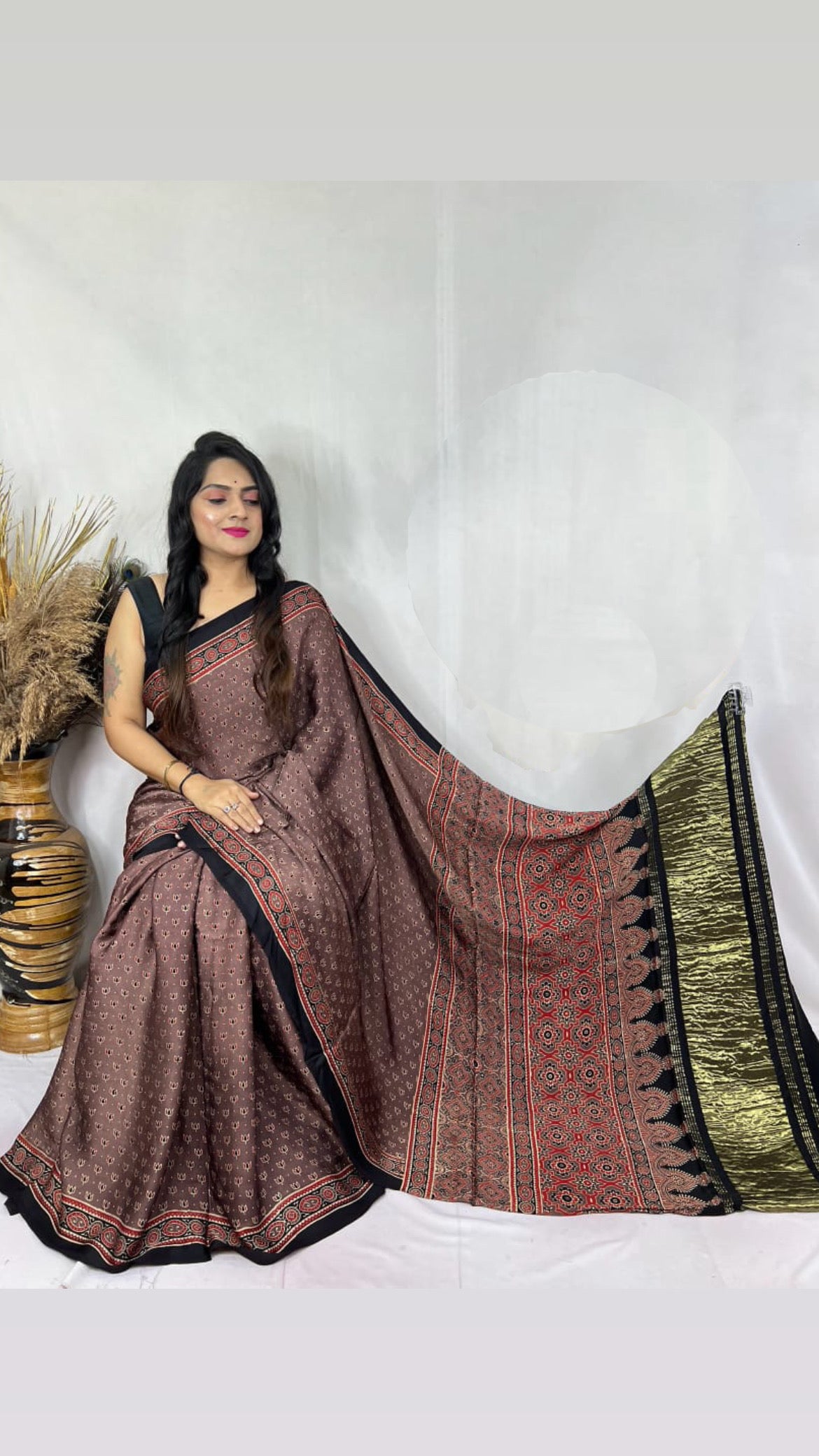 Ajrakh modal silk tissue pallu saree : Make to order