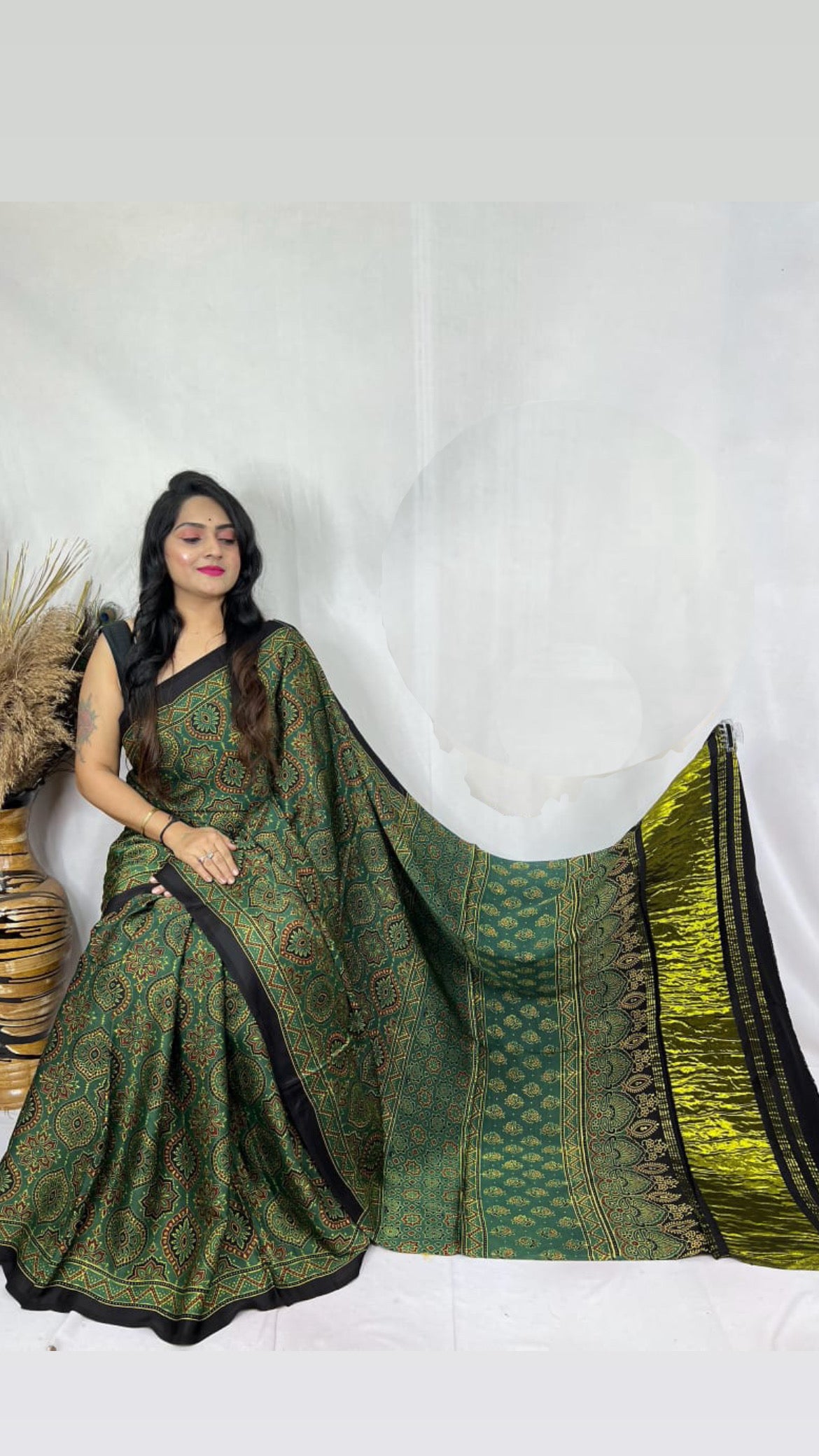 Ajrakh Modal Tissue Pallu Saree : Make to order
