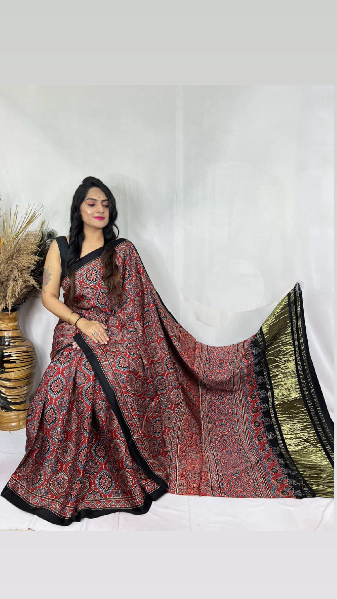 Ajrakh Modal Tissue Pallu Saree : Make to order