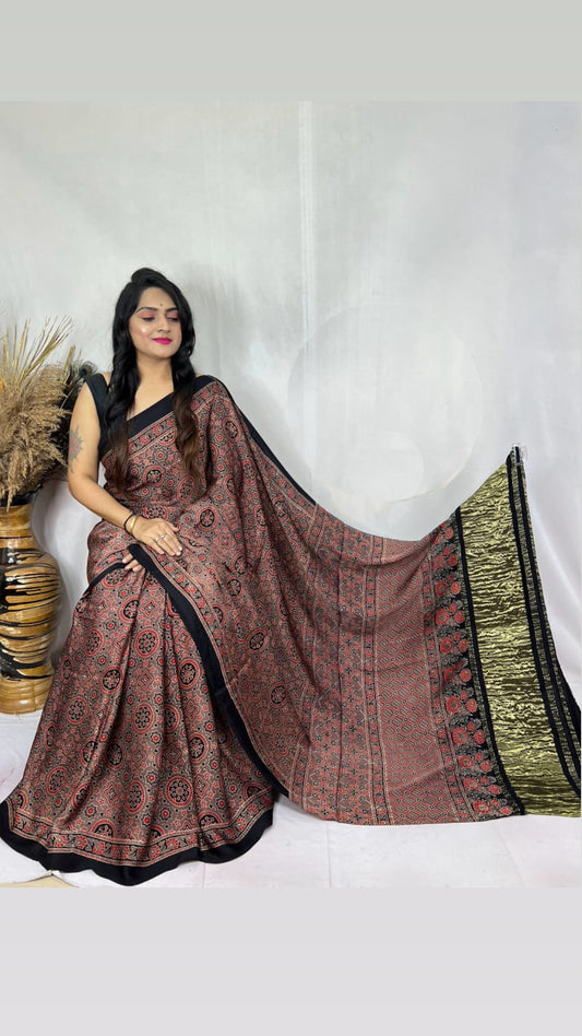 Ajrakh Modal Tissue Pallu Saree : Make to order
