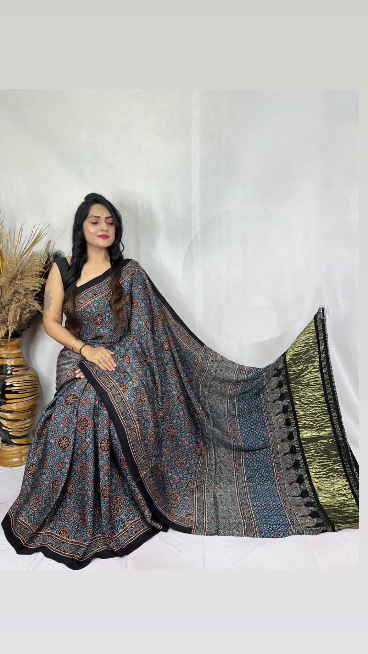 Ajrakh Modal Tissue Pallu Saree : Make to order