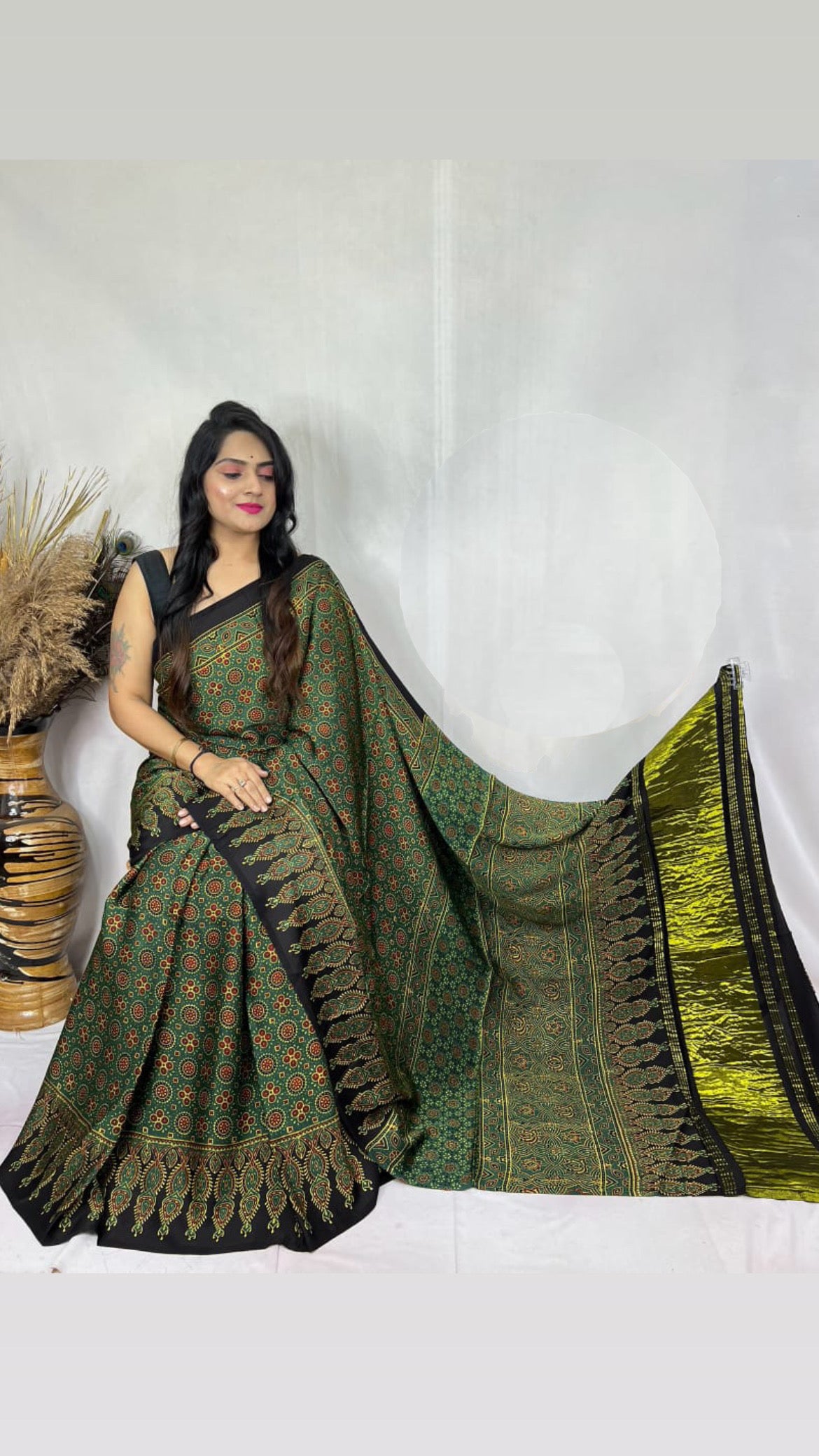Ajrakh Modal Tissue Pallu Saree : Make to order