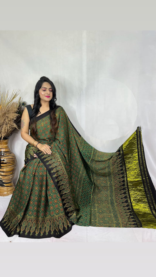 Ajrakh Modal Tissue Pallu Saree : Make to order