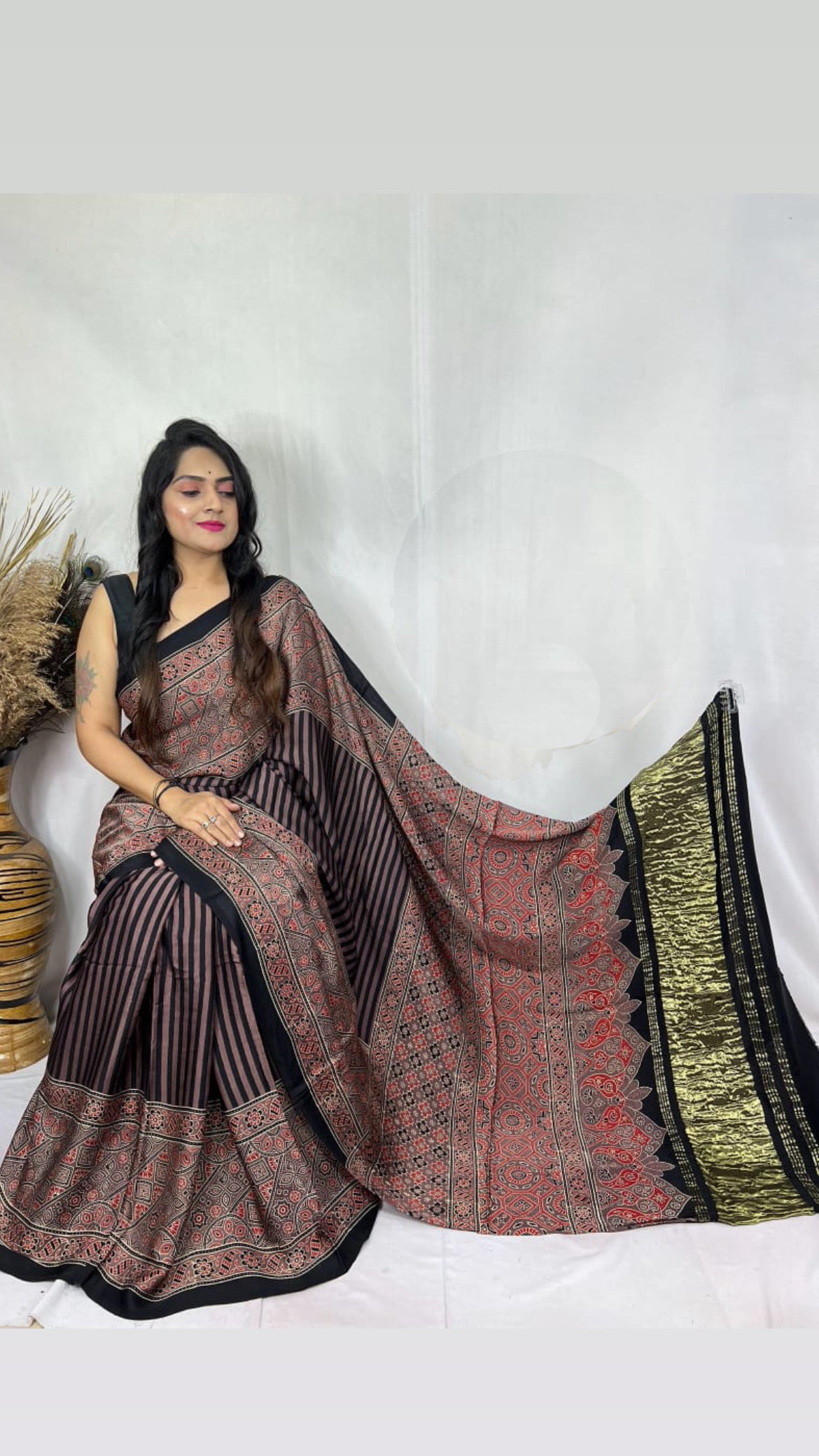 Ajrakh Modal Tissue Pallu Saree : Make to order