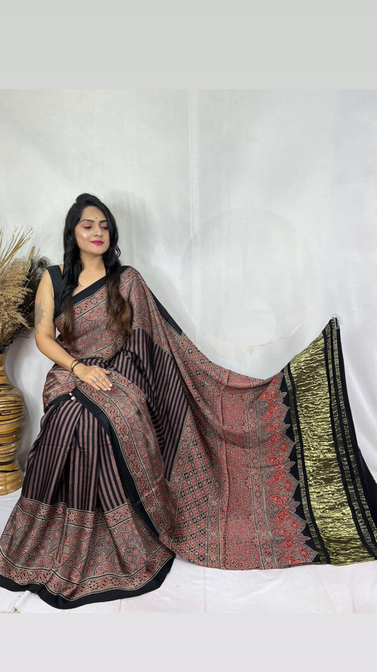 Ajrakh Modal Tissue Pallu Saree : Make to order
