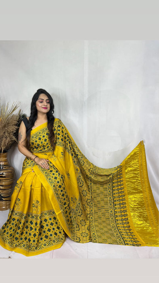 Ajrakh Modal Tissue Pallu Saree : Make to order