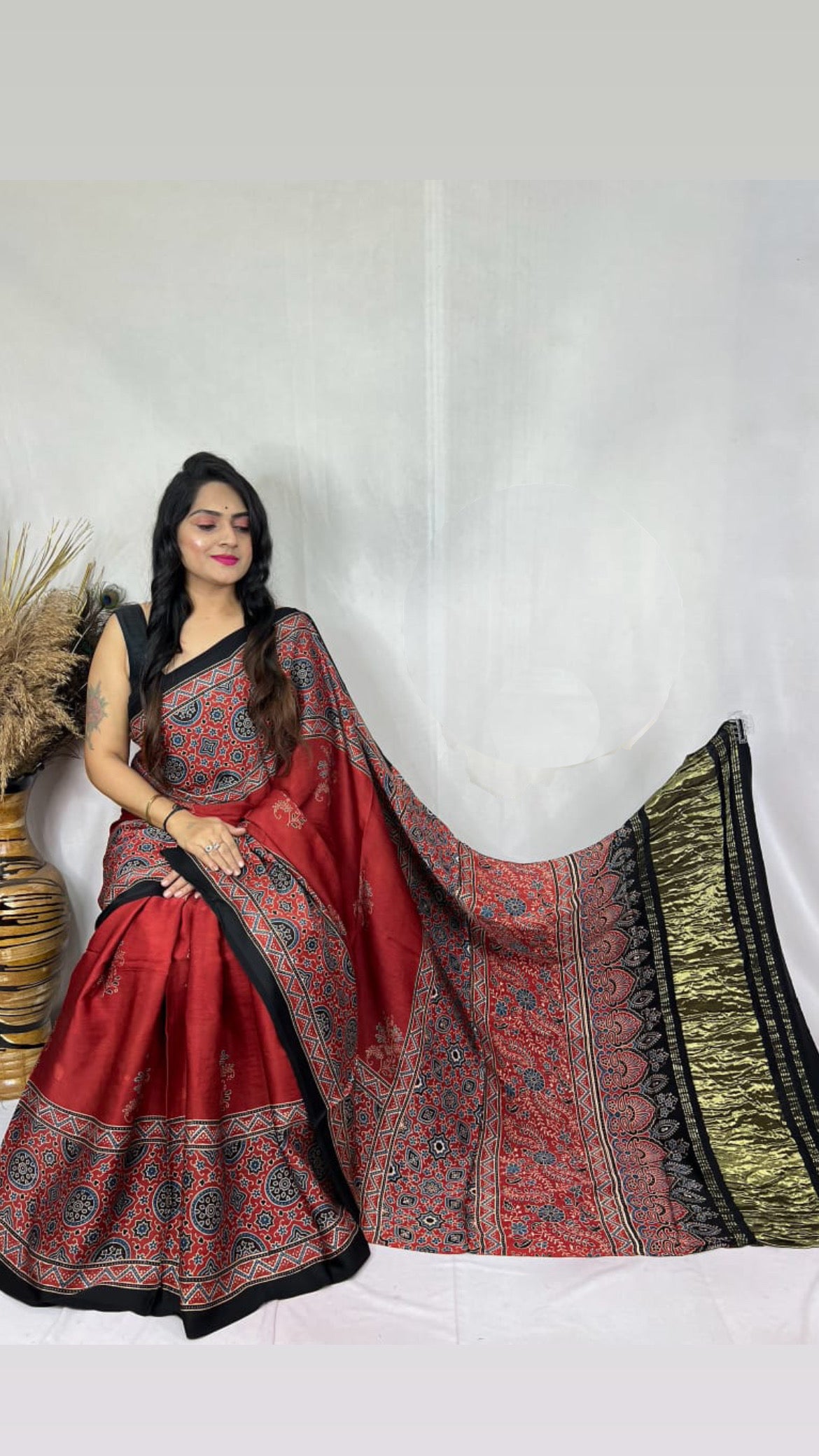 Ajrakh modal silk tissue pallu saree : Make to order