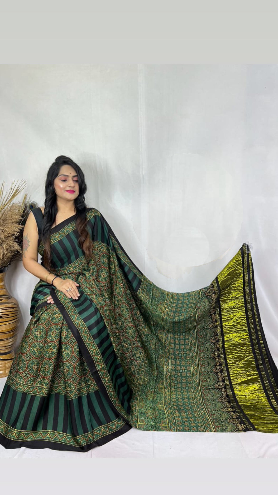 Ajrakh Modal Tissue Pallu Saree : Make to order