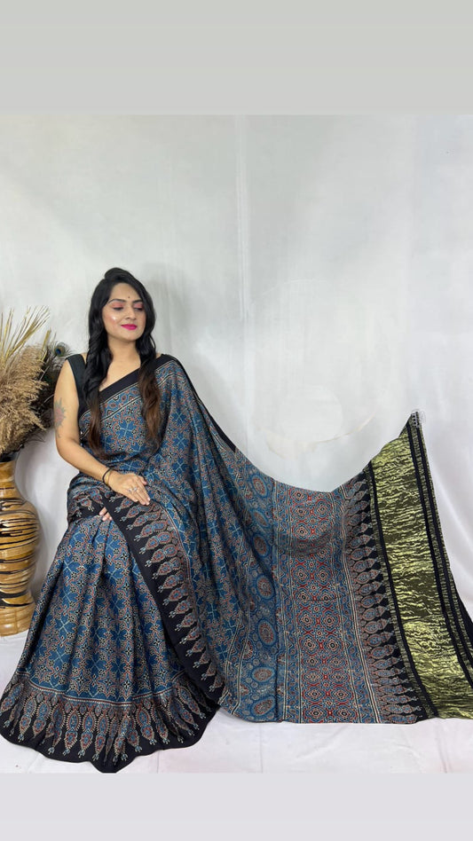Ajrakh Modal Tissue Pallu Saree : Make to order
