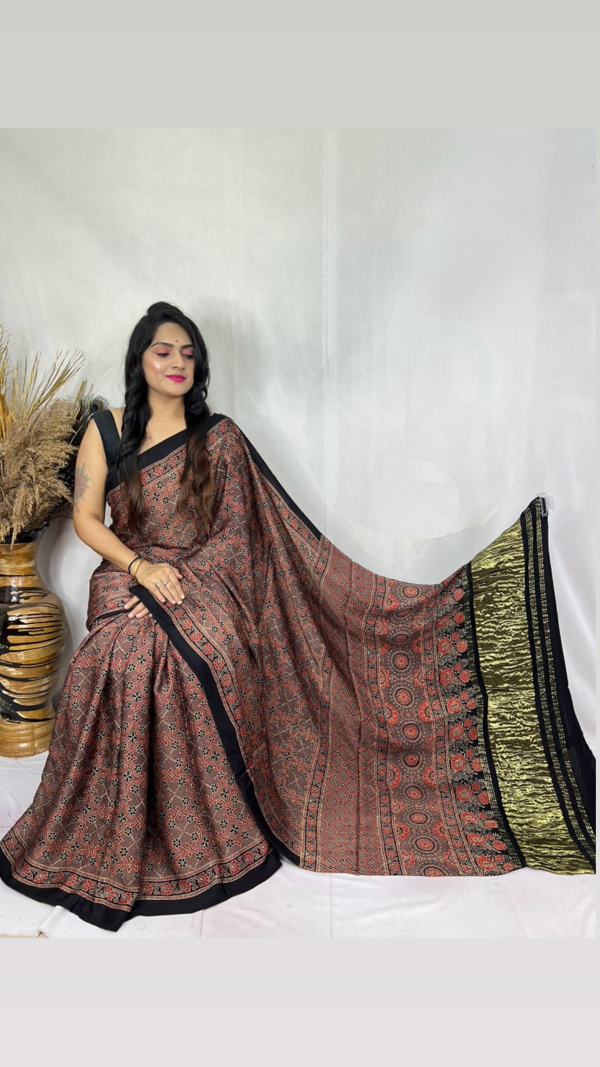Ajrakh Modal Tissue Pallu Saree : Make to order