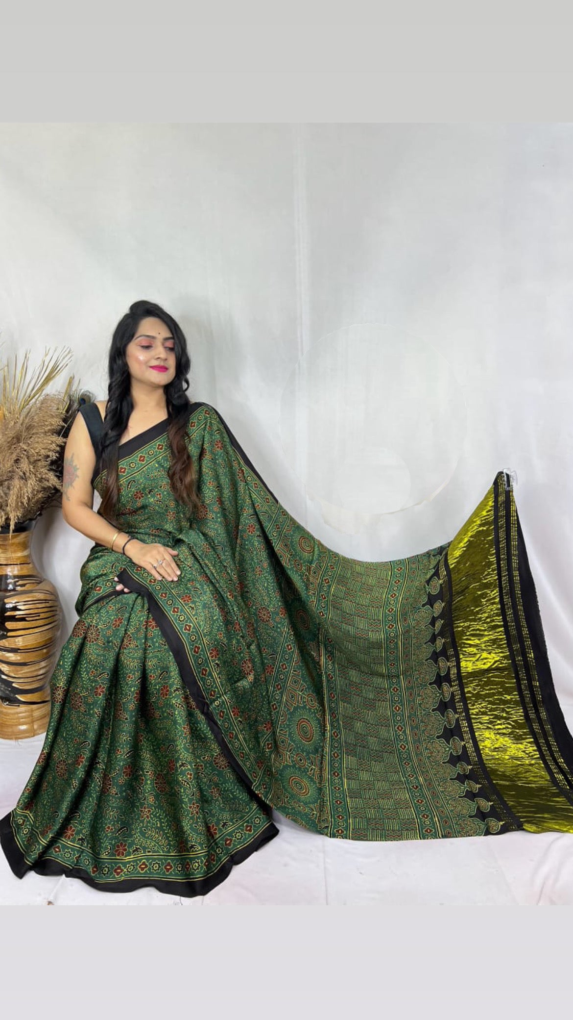 Ajrakh Modal Tissue Pallu Saree : Make to order