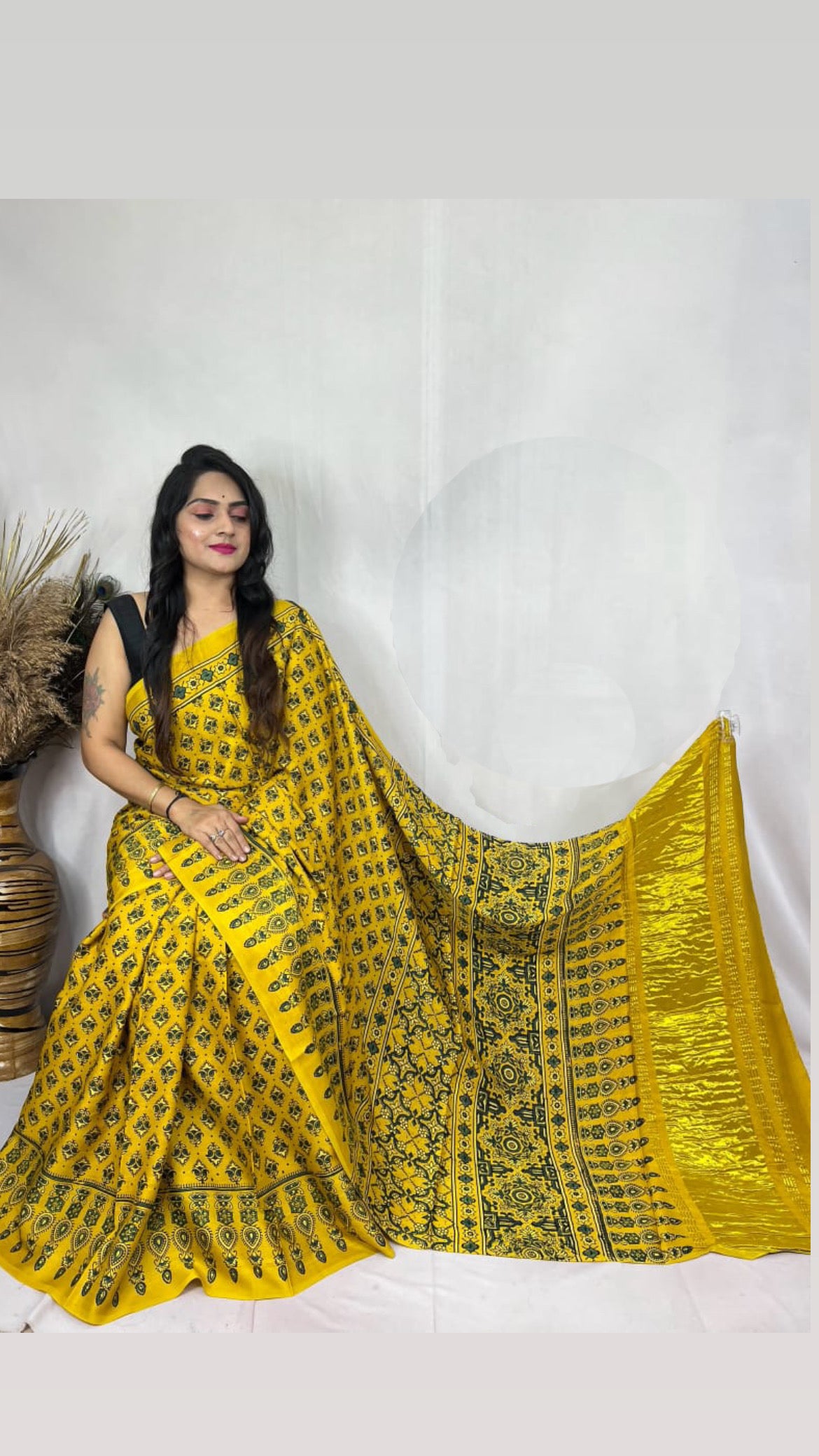 Ajrakh Modal Tissue Pallu Saree : Make to order