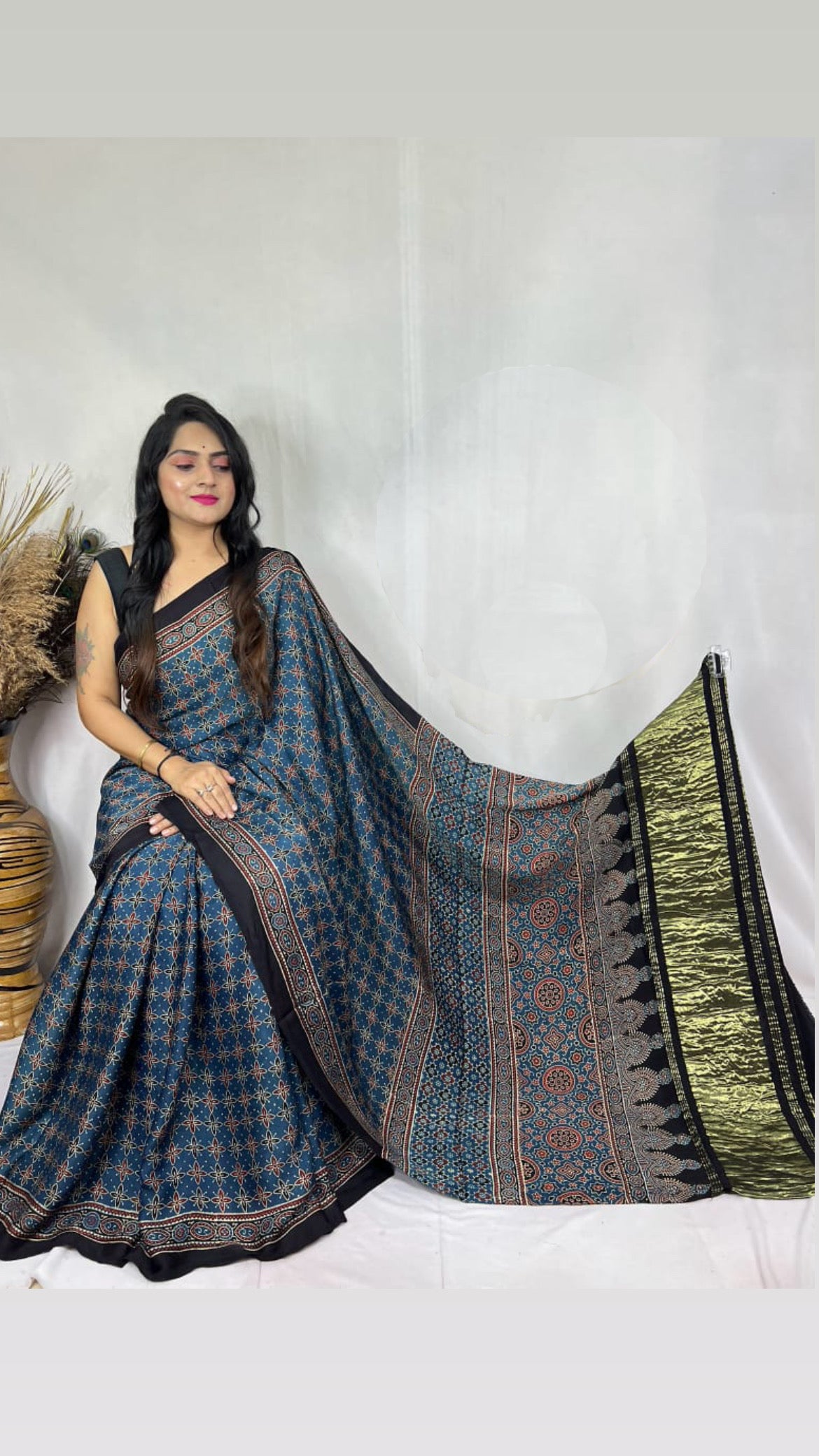 Ajrakh Modal Tissue Pallu Saree : Make to order