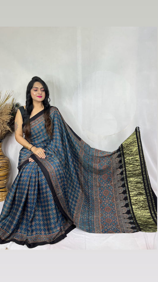 Ajrakh Modal Tissue Pallu Saree : Make to order