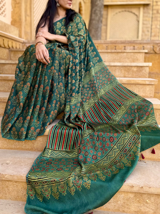 Ajrakh modal silk saree : Ready to ship in 6 to 15 days