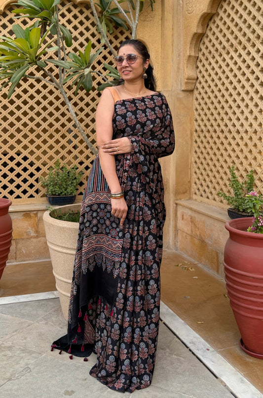 Ajrakh modal silk saree : Ready to ship in 6-15 days