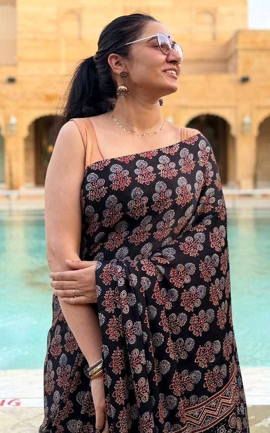 Ajrakh modal silk saree : Ready to ship in 6-15 days
