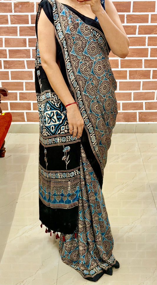 Ajrakh modal silk saree : Ready to ship