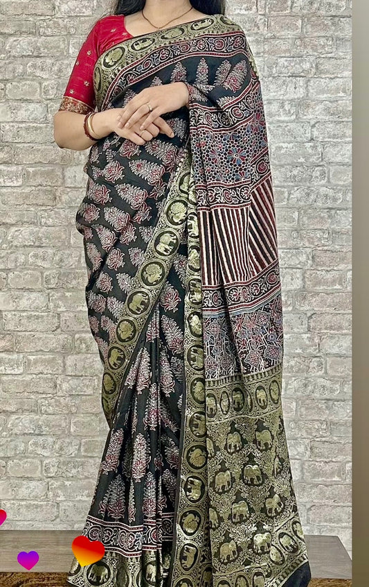 Ajrakh Dola silk saree : Ready to ship
