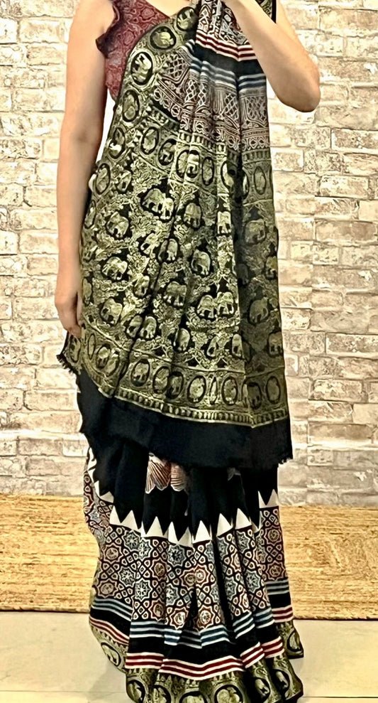 Ajrakh Dola silk saree : Ready to ship