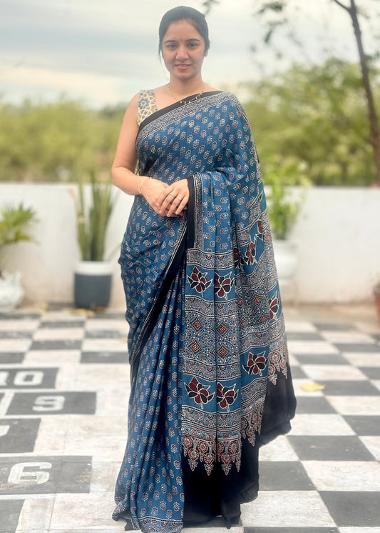 Ajrakh modal silk saree : Ready to ship