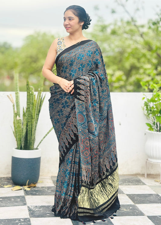 Ajrakh modal silk saree : Ready to ship