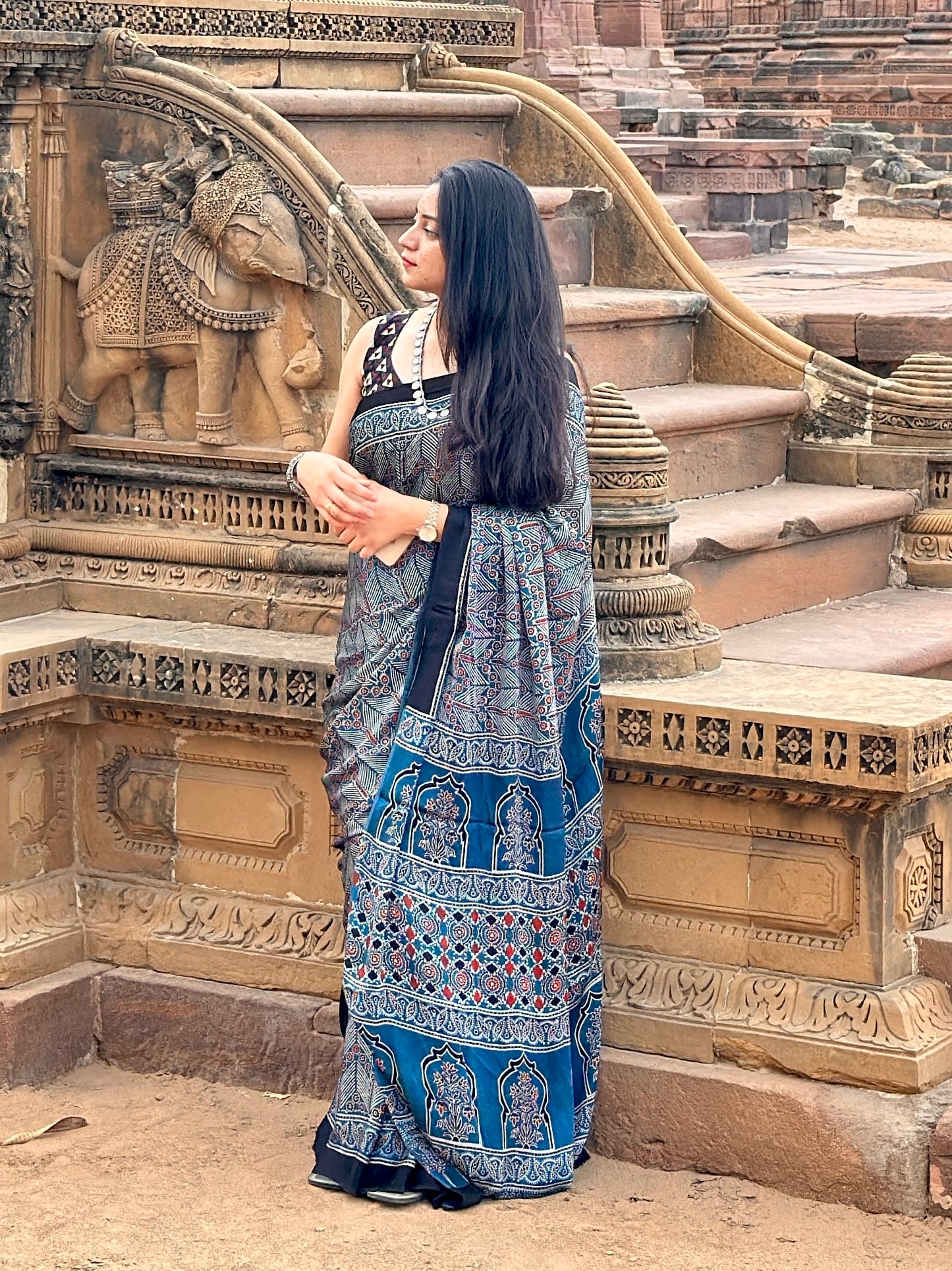 Ajrakh modal silk saree : Ready to ship