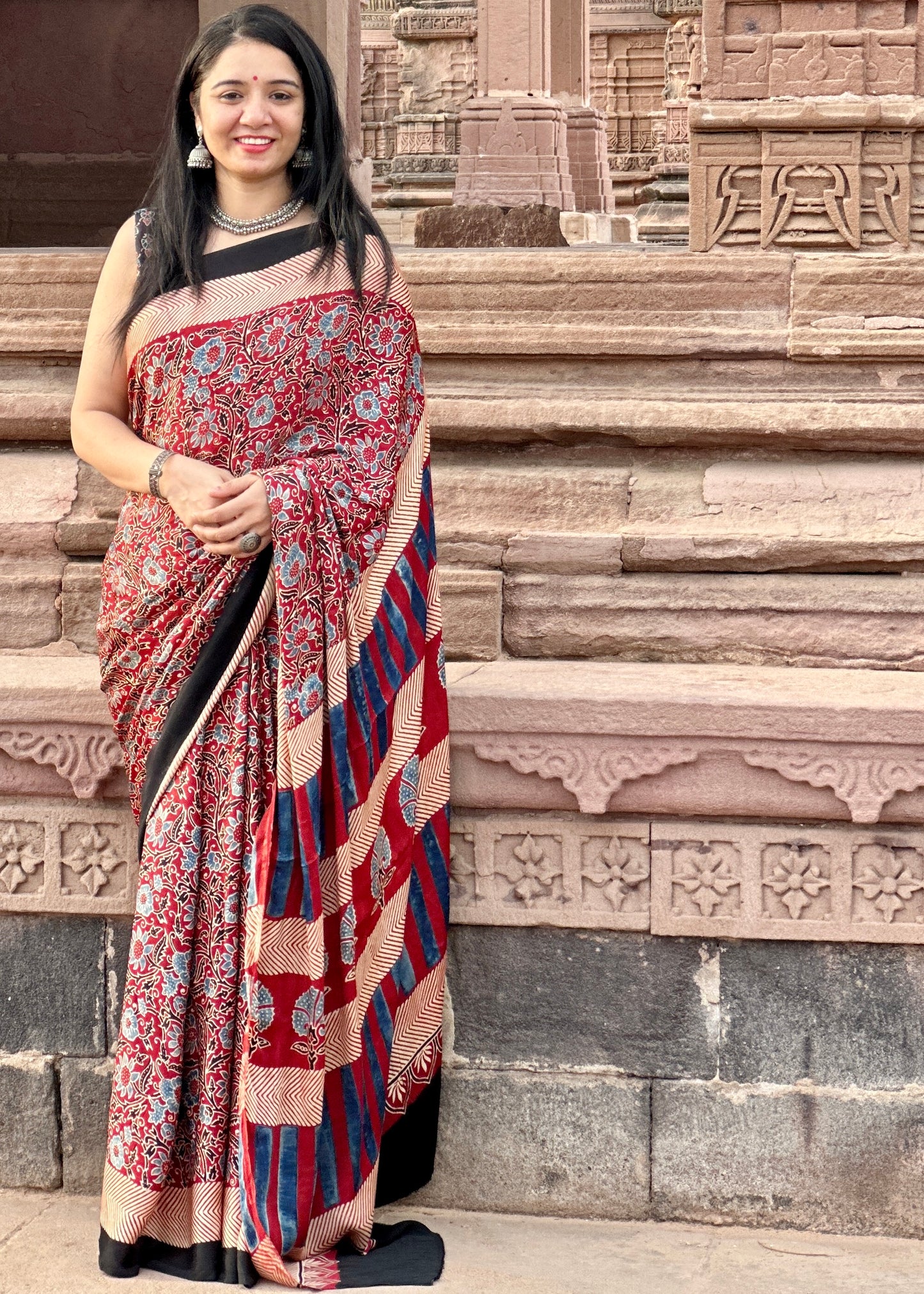 Ajrakh modal silk saree : Ready to ship (with gota border)