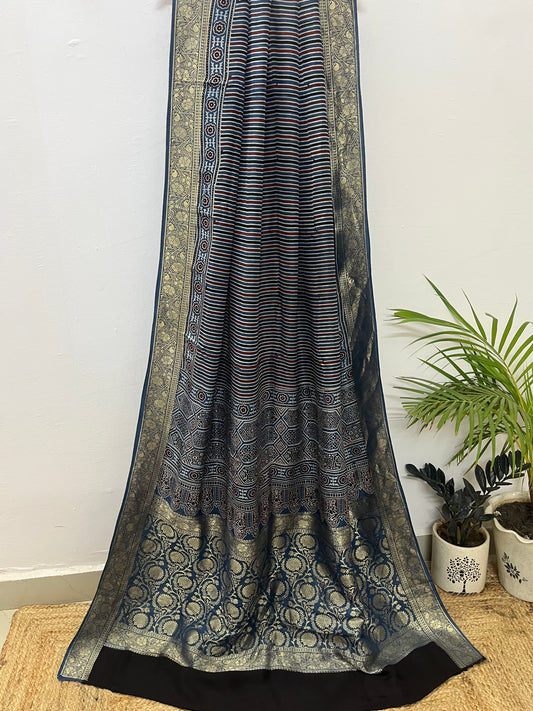 Ajrakh Dola silk saree : Ready to ship