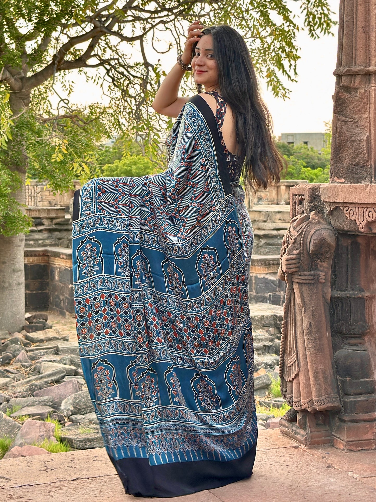 Ajrakh modal silk saree : Ready to ship