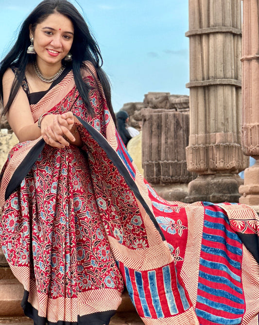 Ajrakh modal silk saree : Ready to ship (with gota border)
