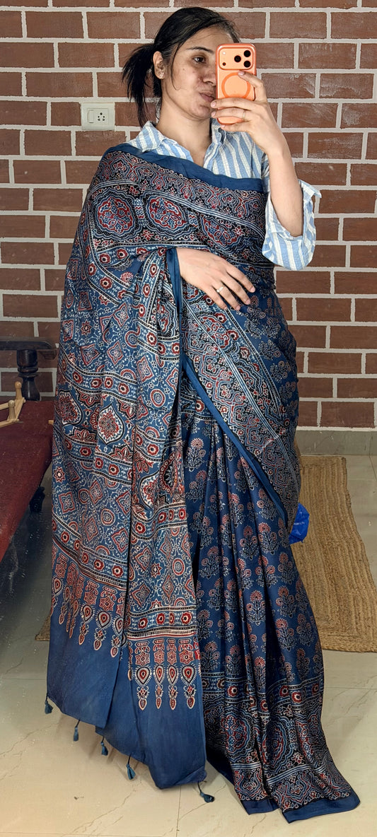 Ajrakh modal silk saree : Ready to ship in 15-20 days