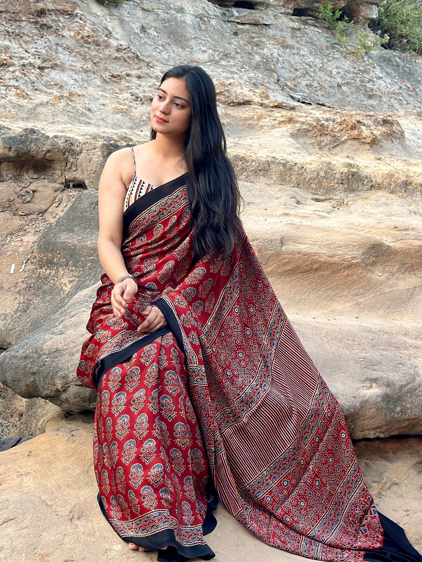 Ajrakh modal silk saree : Ready to ship (with gota border)