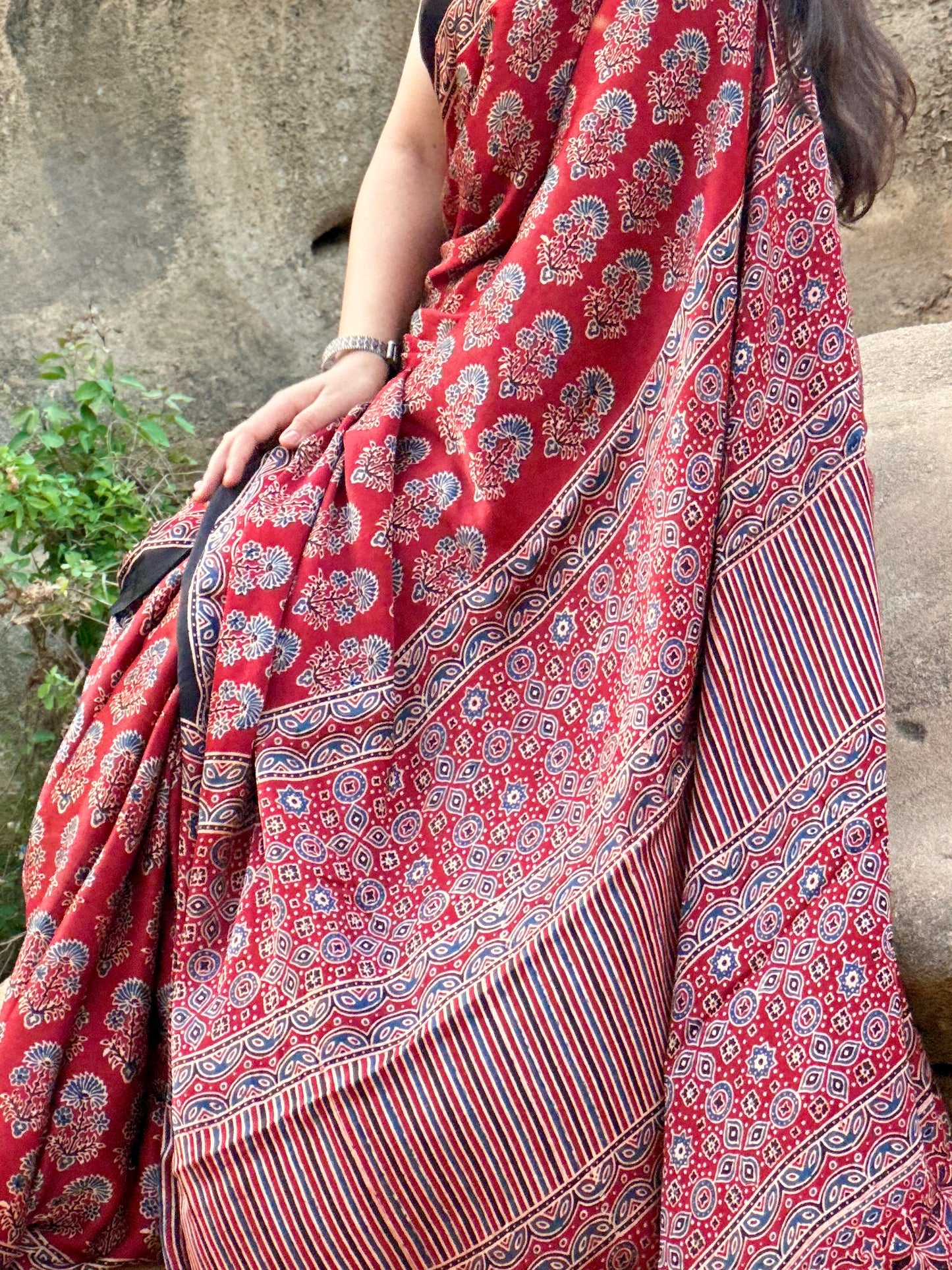 Ajrakh modal silk saree : Ready to ship (with gota border)