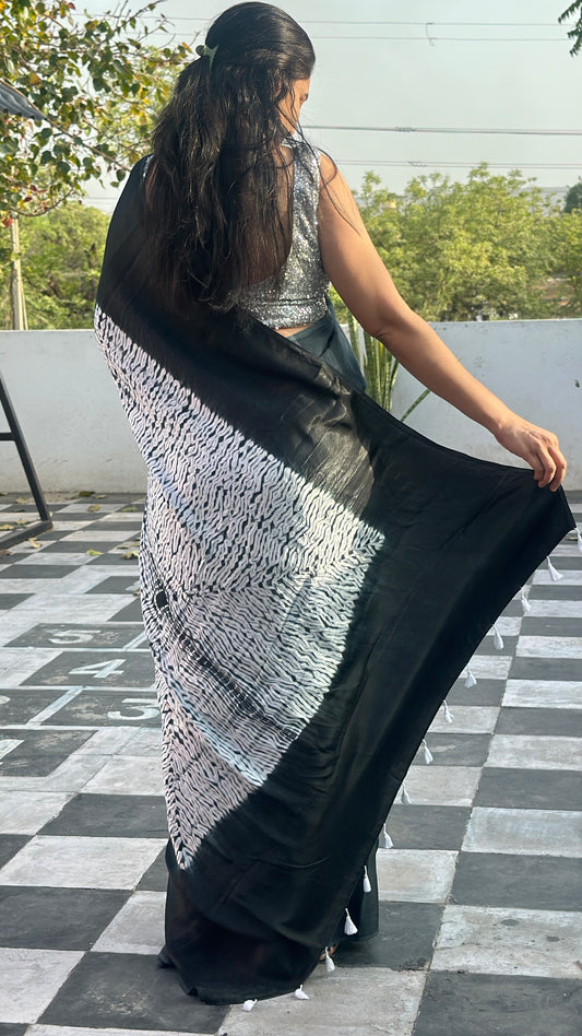 Black & Grey Shibori Saree