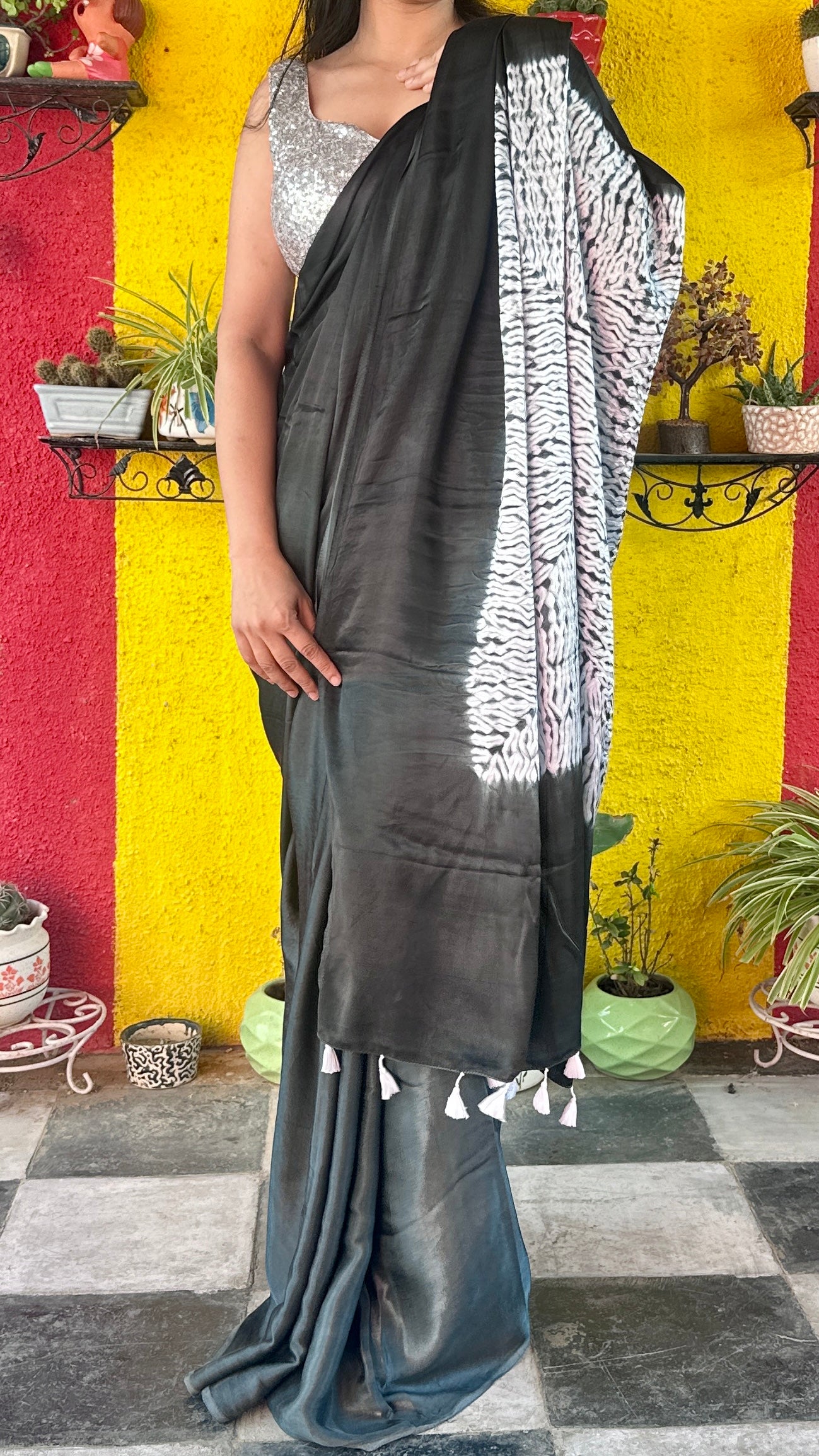 Black & Grey Shibori Saree