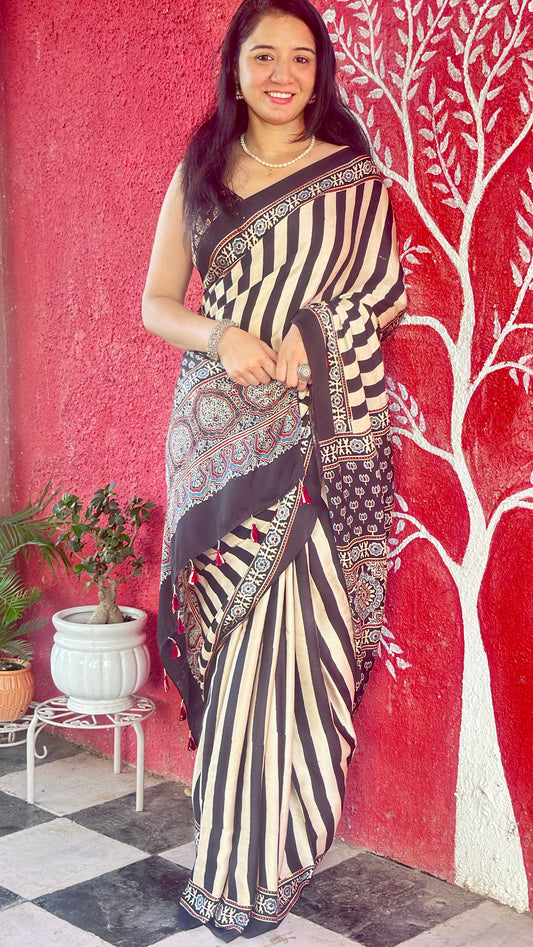 Ajrakh modal silk saree : Make to order