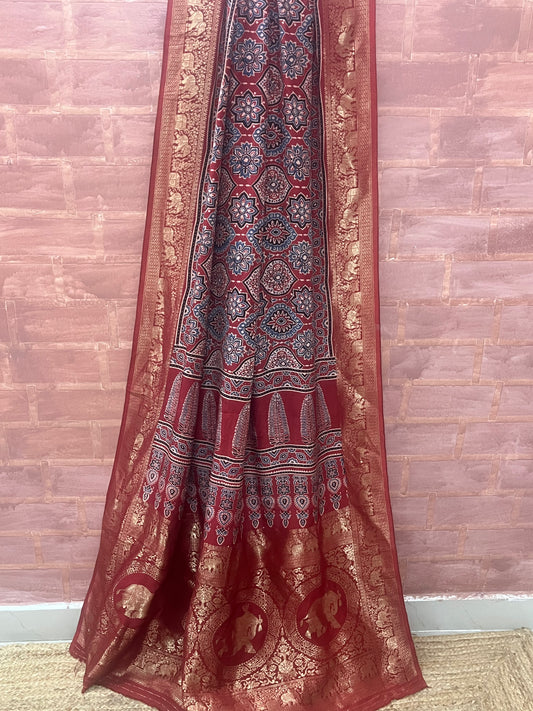 Ajrakh Dola silk saree : Make to order