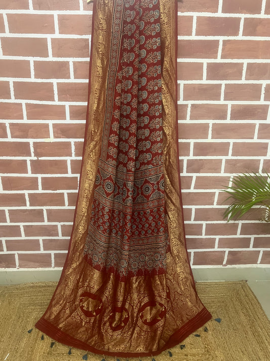 Ajrakh Dola silk saree : Make to order