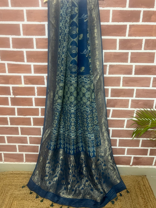 Ajrakh Dola silk saree : Make to order