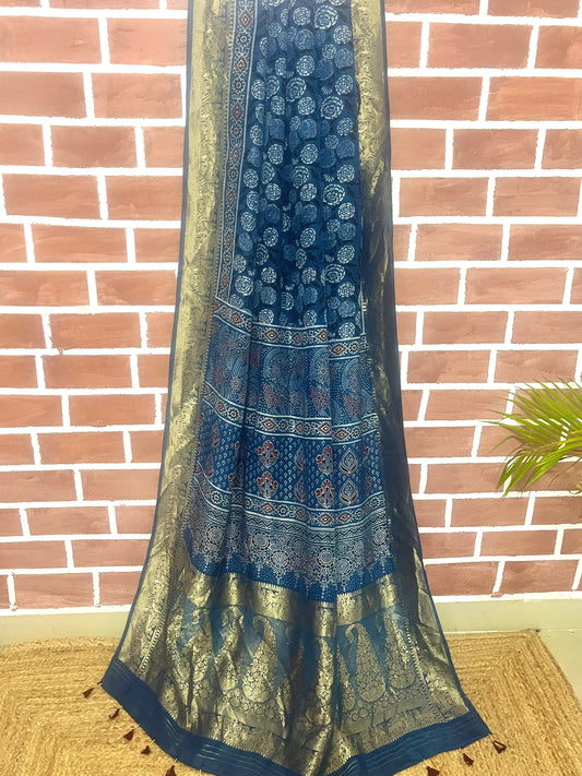 Ajrakh Dola silk saree : Ready to ship