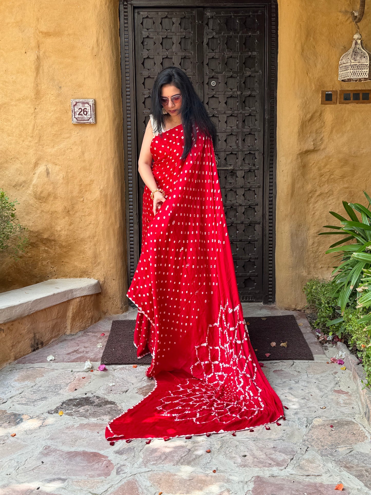 Handtied Bandhej with hand stitched mirrors: Ready to ship