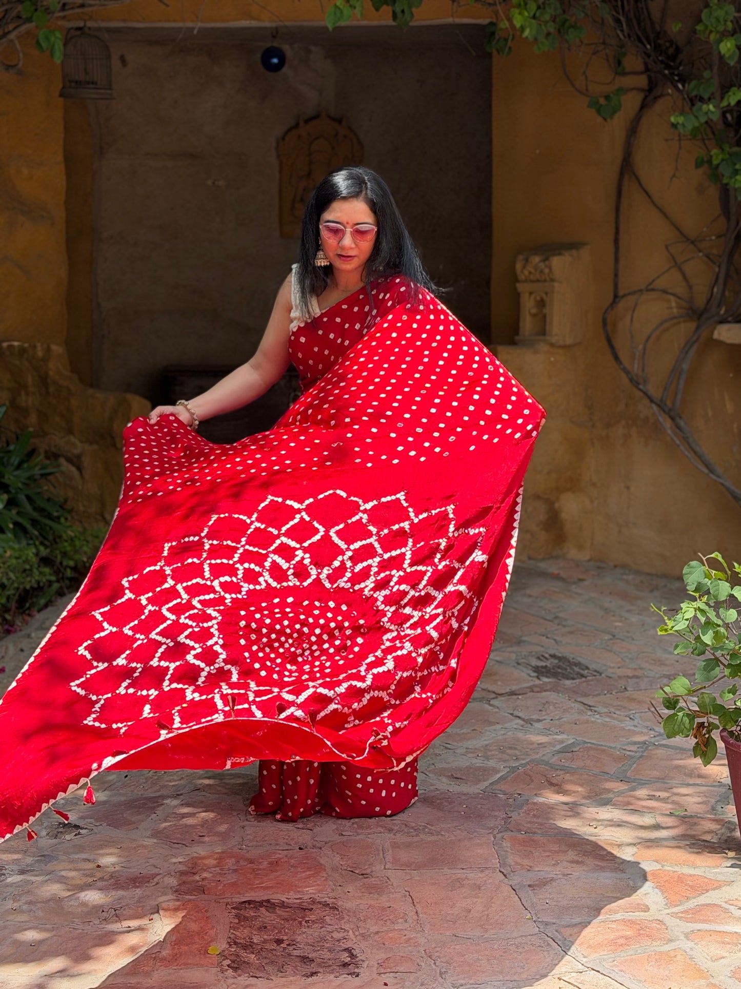 Handtied Bandhej with hand stitched mirrors: Ready to ship