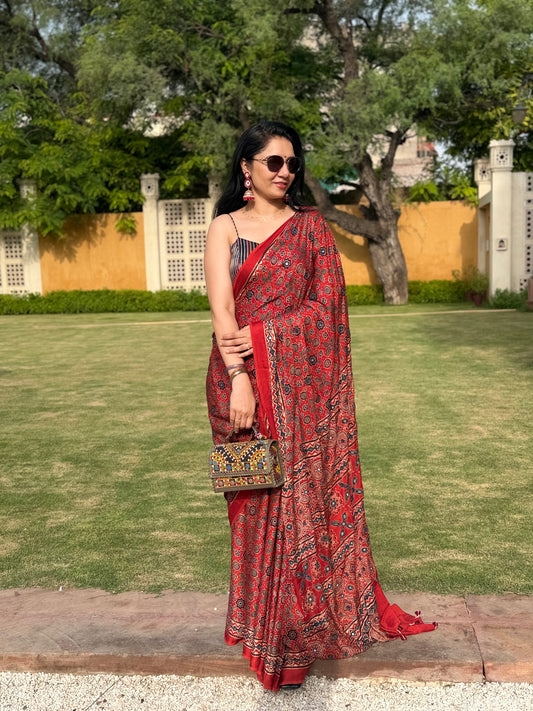 Ajrakh modal silk saree : Ready to ship in 15-20 days