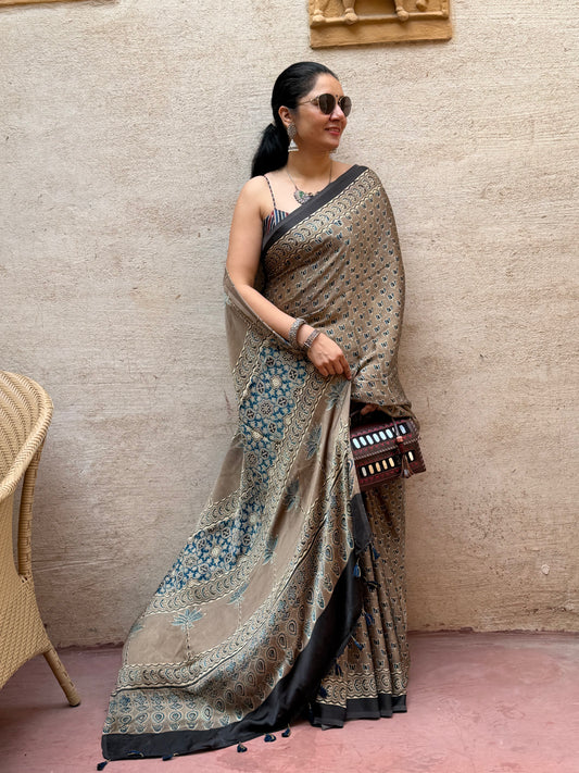 Ajrakh modal silk saree : Ready to ship