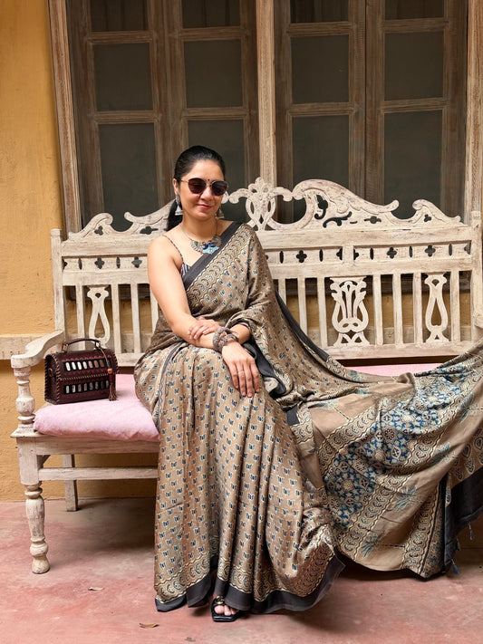 Ajrakh modal silk saree : Ready to ship